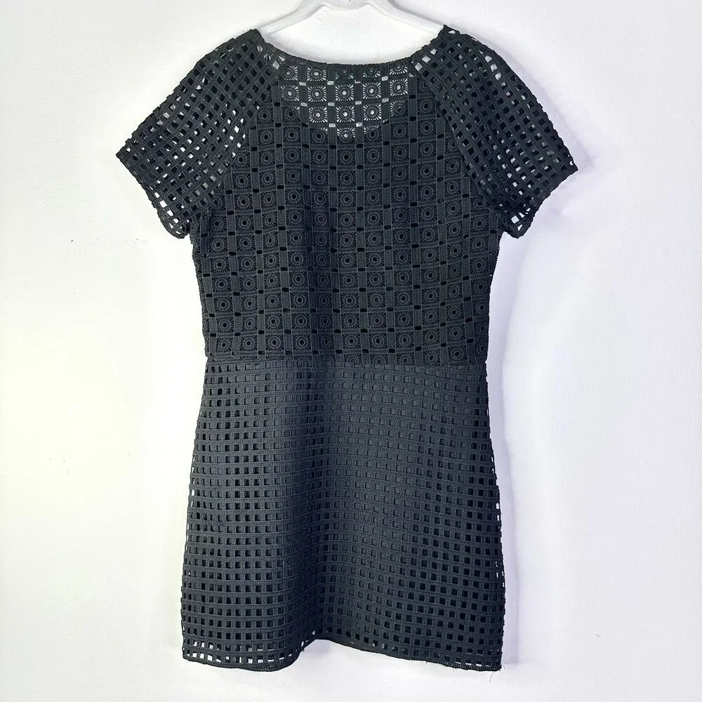 KARLIE Dress Women L Black Lace Eyelet Crochet Short Slv Sheer Boho Indie NWT